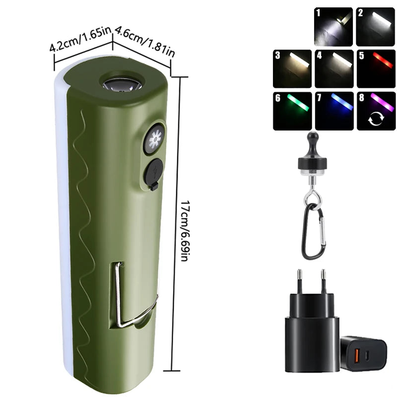 Outdoor LED Camping Lamp Built-in 2*18650 Rechargeable Torch RGB Atmosphere Lamp Portable Hook Tent Lamp Long Lasting Lantern Oasis Select Long Set A
