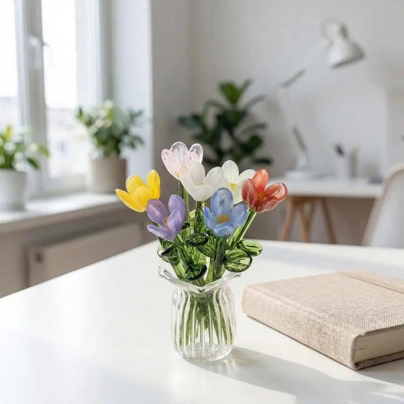 6/7Pcs Mini Lifelike Glass Flowers Simulation Flowers Handcrafted Floral Sculpture Floral Bouquet With Vase Home Decoration Gift Oasis Select