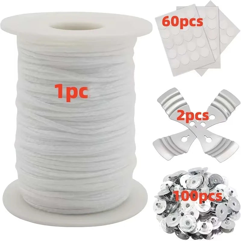 1Roll Cotton Candle Wick Roll,2 Metal Holders,60 Stickers 100Pcs Metal Candle Wick Sustainer Tabs for DIY Craft Candle Making Oasis Select set