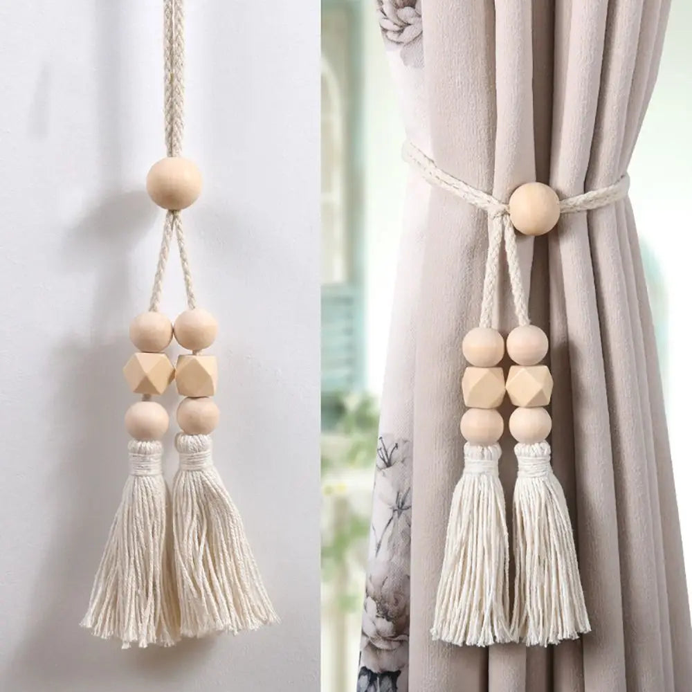 2Pcs Curtain Tiebacks with Tassels Fixed Nordic Curtain Tying Rope Wooden Bead Simple Curtain Hooks Bundle Bags Storage Buckle Oasis Select