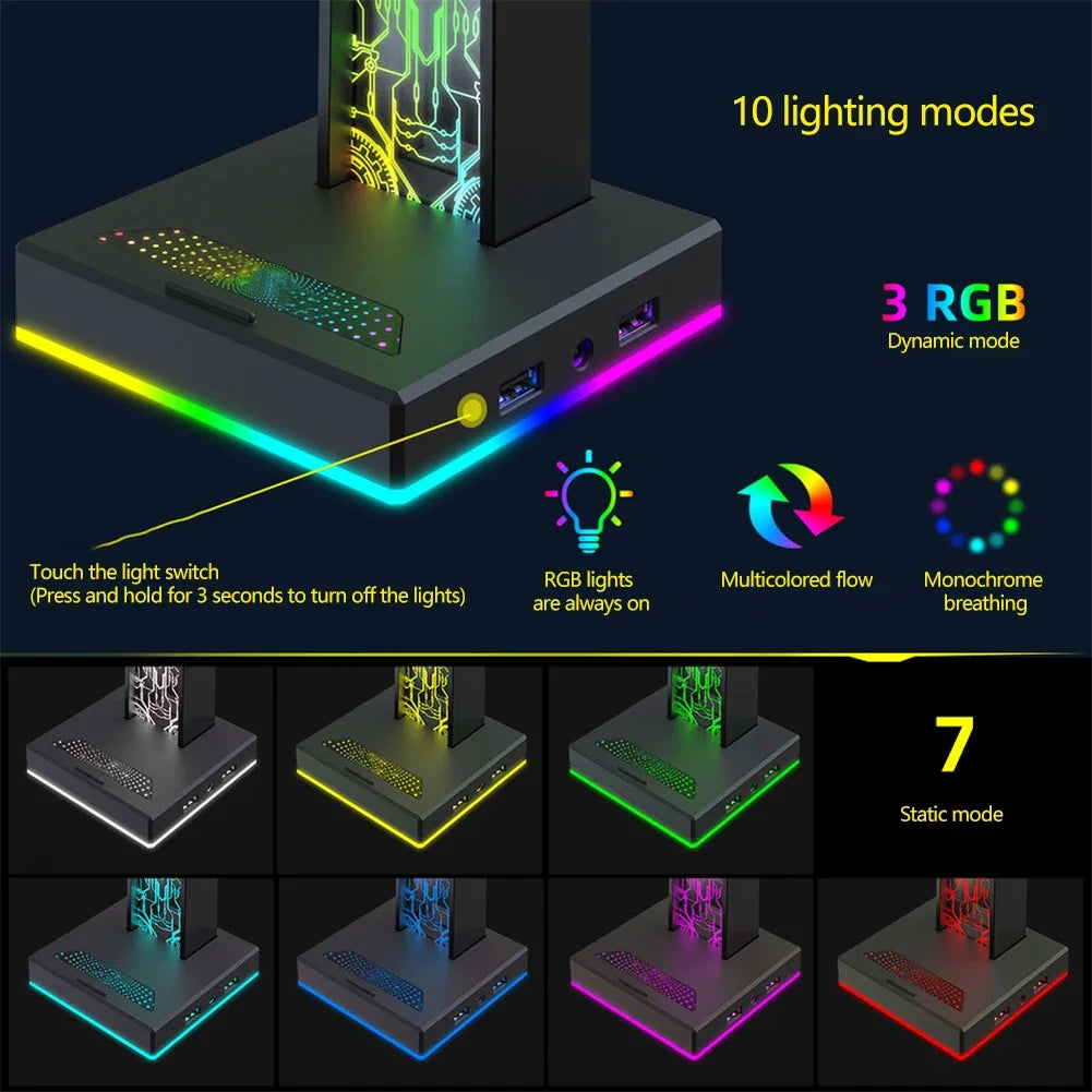 RGB Gaming Headset Stand | 10 Lighting Modes, USB & Audio Port
