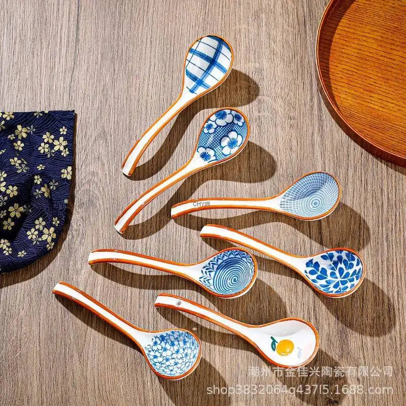 Japanese Underglaze Ceramic Soup Spoon, Everyday Ceramic Soup Spoon Ramen Long-handled Curved Spoon Tableware Oasis Select