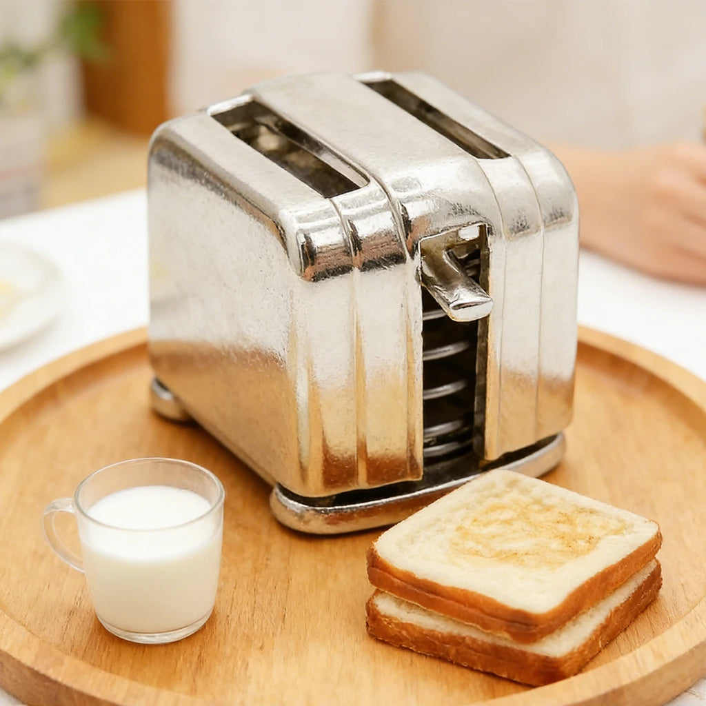Mini Metal Toaster with 2 Toast Slices – 1:12 & 1:6 Dollhouse Breakfast Set for Fairy Garden & Micro Landscapes Home Accessories Oasis Select