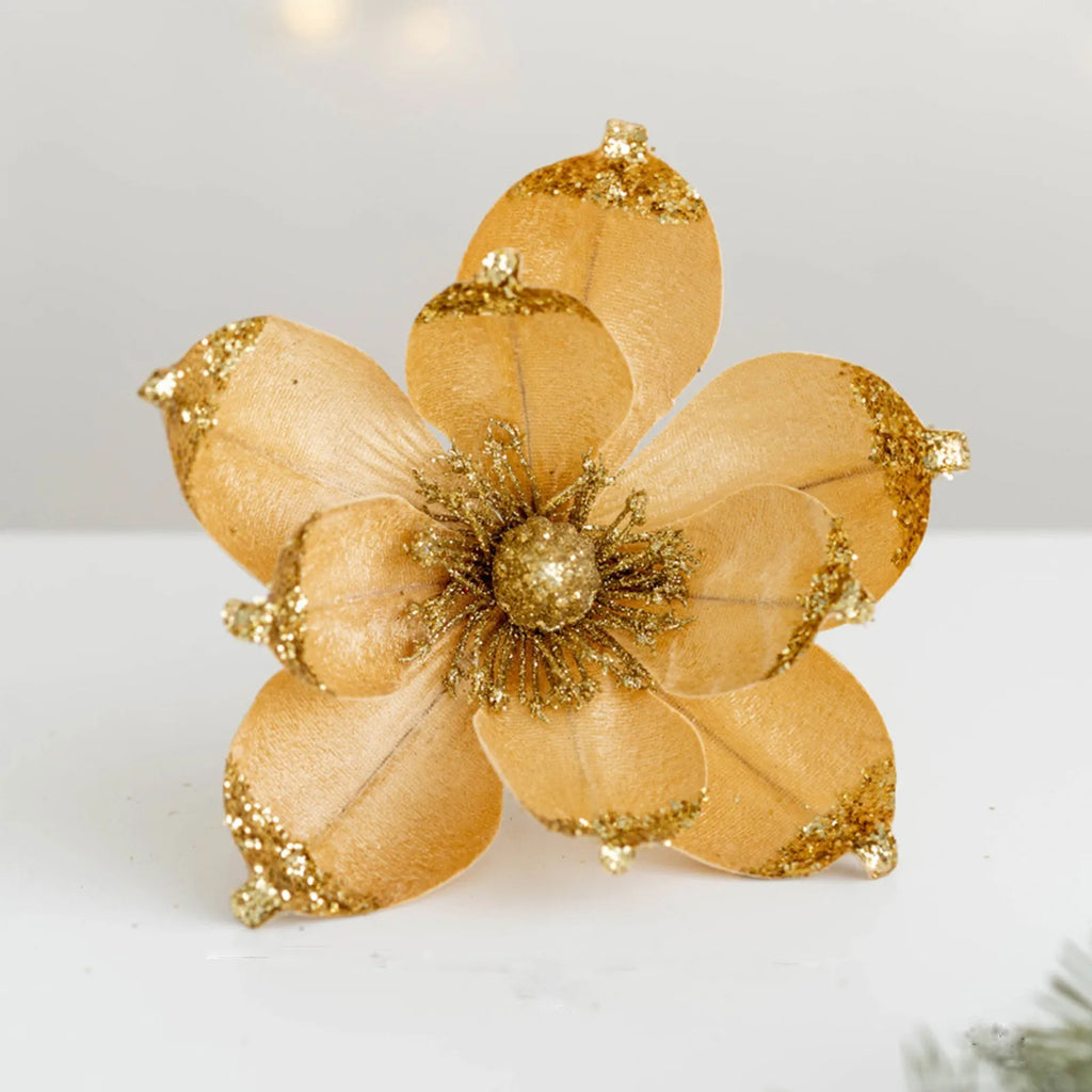 20cm Glitter Magnolia Christmas Flower Pick – Pink Sequin Christmas Flower Pick Oasis Select Gold One Size