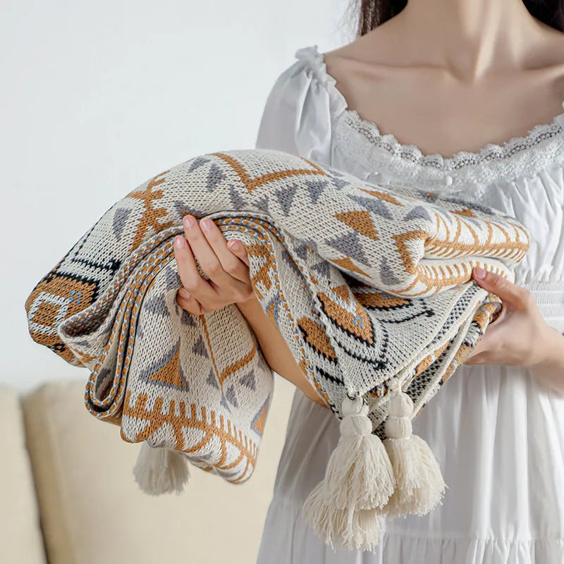 Bohemian Ethnic Tassel Knitted Throw Blanket Nordic Lightweight Summer Air Conditioner Sofa Bed Cover Homestay Decor Oasis Select B 150 x 200cm