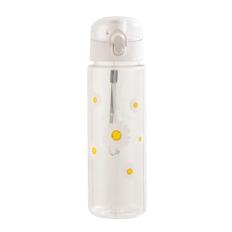 600ml Summer Daisy Plastic Straw Water Bottle, Leakproof Portable Drinking Cup for Outdoor Camping Clear Reusable Mug Ideal Gift Oasis Select White 600ml