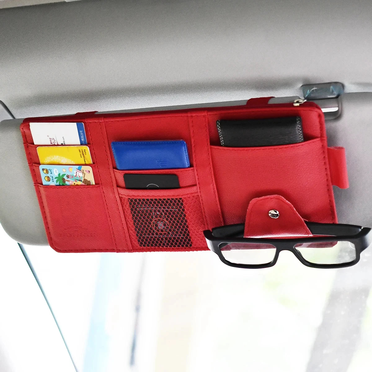 PU Leather Car Sun Visor Organizer – Multi-Pocket Holder