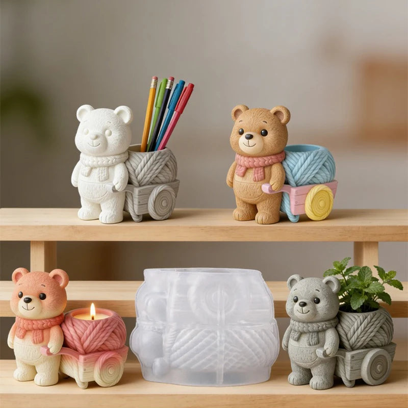 Floral Cart Bear Silicone Mold For DIY Cement Plaster Gypsum Cup - Resin Candle Holder Flower Pot Vase Tray Jewelry Mold Oasis Select