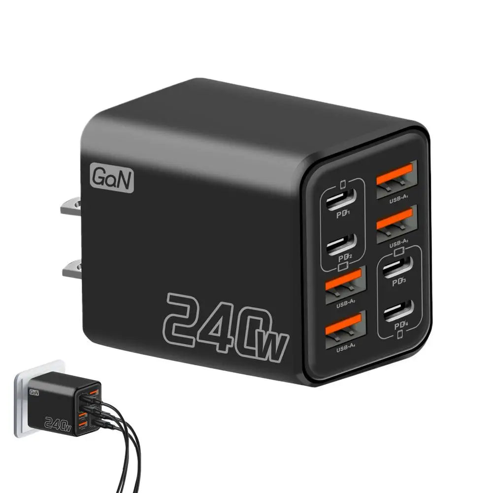 240W 8-Port GaN USB-C PD Wall Charger – Travel Adapter US EU UK
