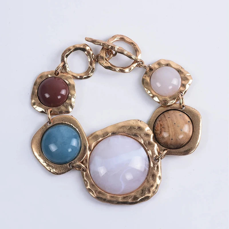 Bohemian Multicolor Resin Stone Charm Bracelet Irregular Stone Bracelet Unique Design Women's Lucky Jewelry （Random Resin Color） Oasis Select 19x2.6cm