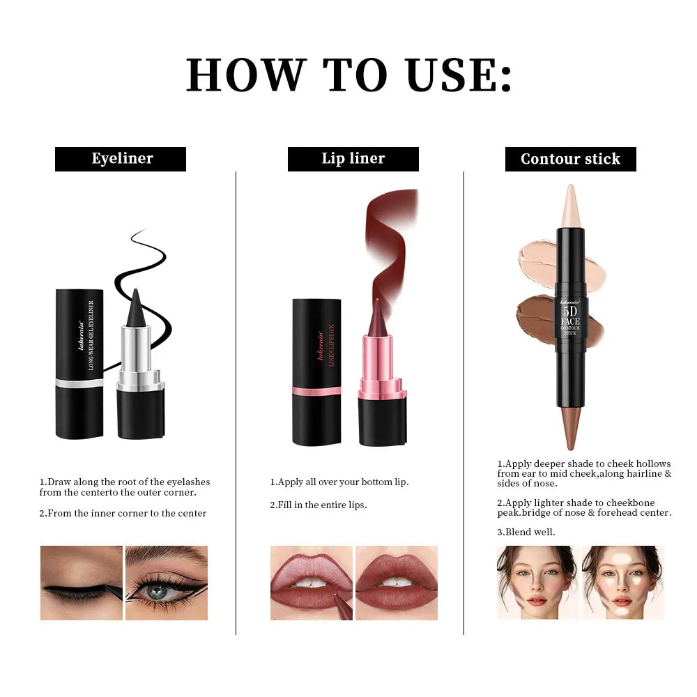 5D Perfect Makeup Set With Contouring Stick Eyeliner And Lipstick Easy Coloring Sweat-proof Long Lasting Daily Makeup Set Oasis Select