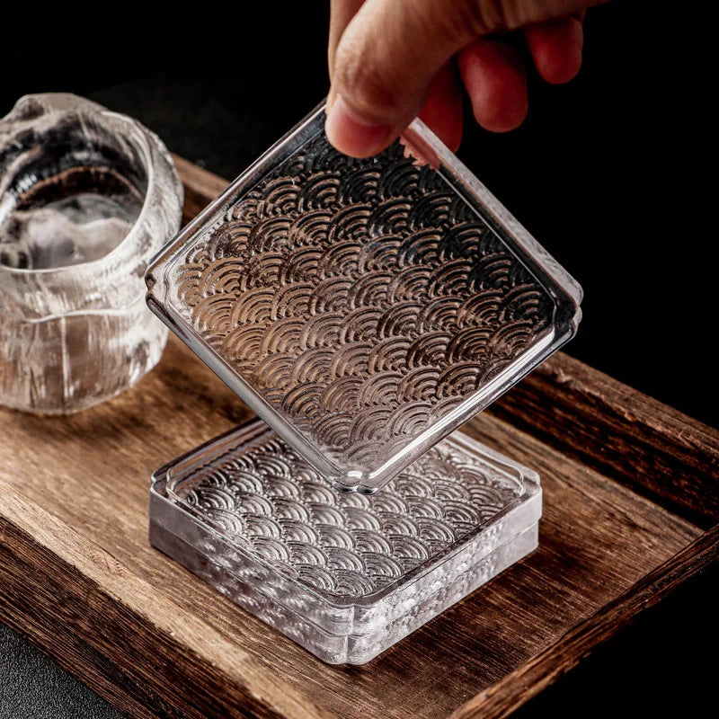 Glass Sea Wave Pattern Glass Coaster Square Round Whiskey Teacup Kung Fu Tea Cup Mat Saucer Wine Tumbler Holder Oasis Select