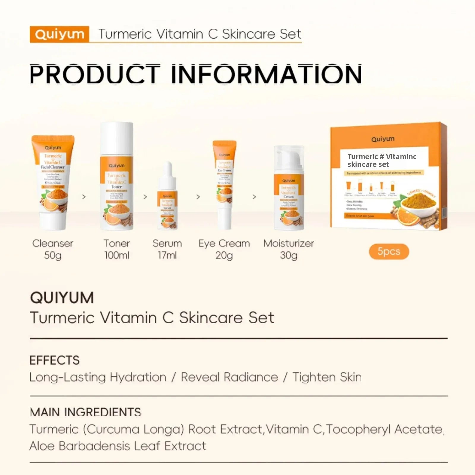 Vitamin C Turmeric Facial Kit Hydrating Tightening 5pcs Set Face Wash Toner Essence Eye Treatment Moisturizer Skincare Oasis Select