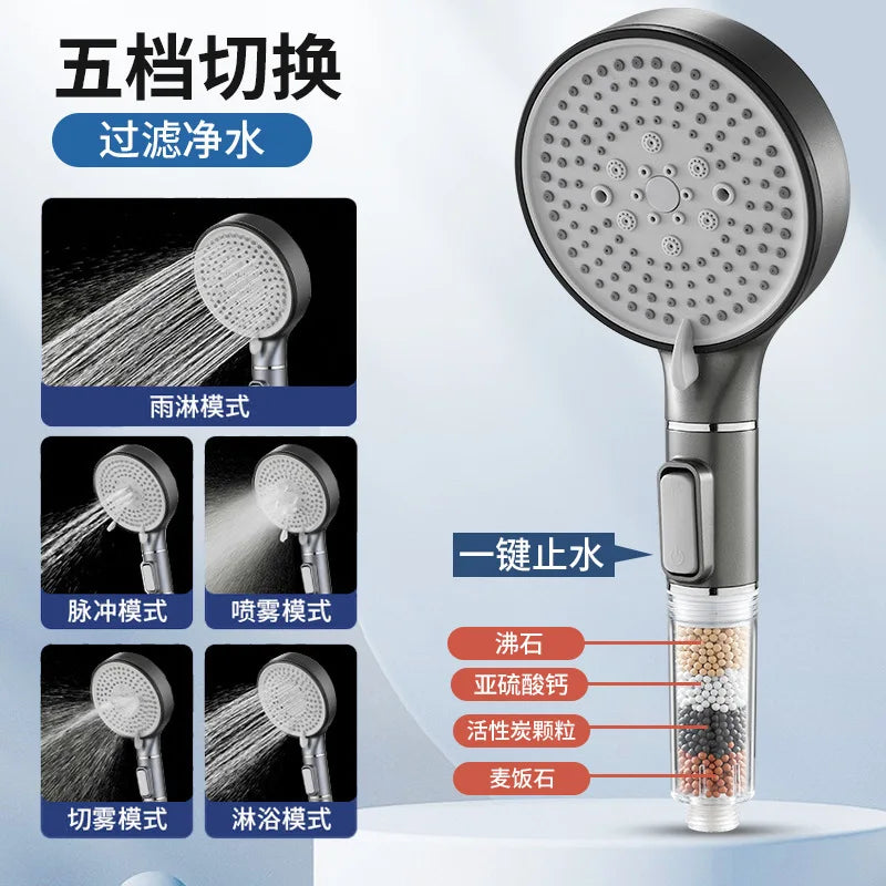 Bathroom Shower Head with Stop Button 5 Mode Anti Limestone Filter Hygienic Remove Chlorine Handheld Head Filtration Shower Head Oasis Select Grey shower