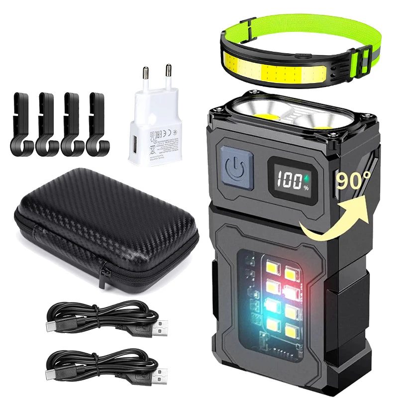 Portable LED Flashlight Super Bright Mini Rechargeable LED Tail Magnet Torch with COB Side Emergency Light for Camping Hiking Oasis Select Set C