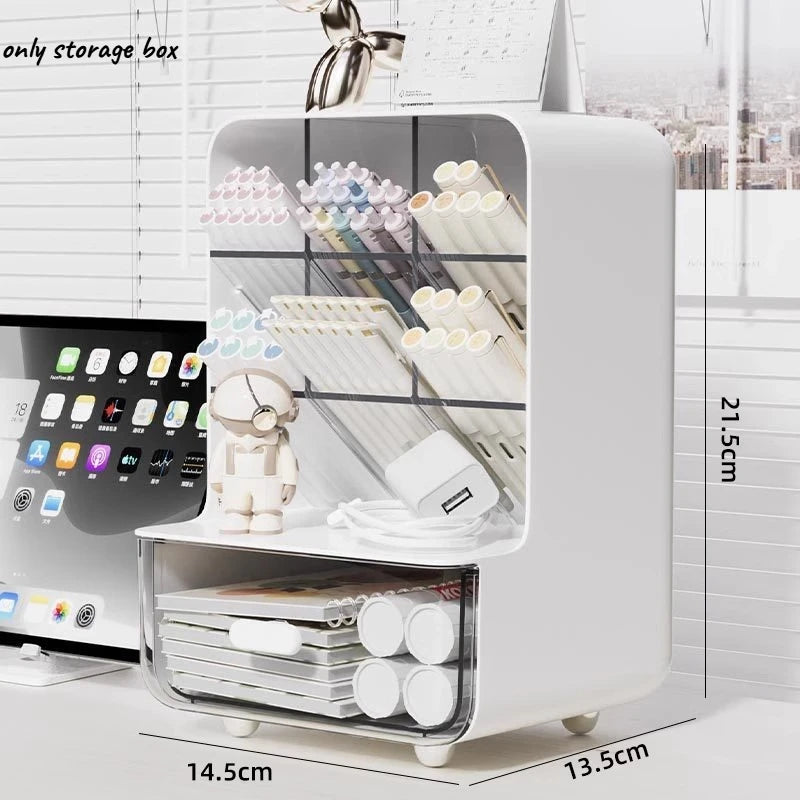 Desktop Storage Box with Acrylic Feel Student Makeup Storage Rack Drawer Style Miscellaneous Items Slanted Insertion Pen Holder Oasis Select White