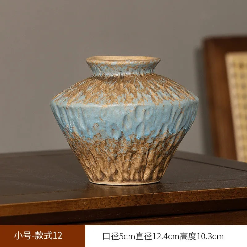 European Style Retro Style Ceramic Vase Living Room Advanced Sense Coarse Clay Pot Simple Dried Flower Arrangement Decoration Oasis Select 12.4cm x 10.3cm
