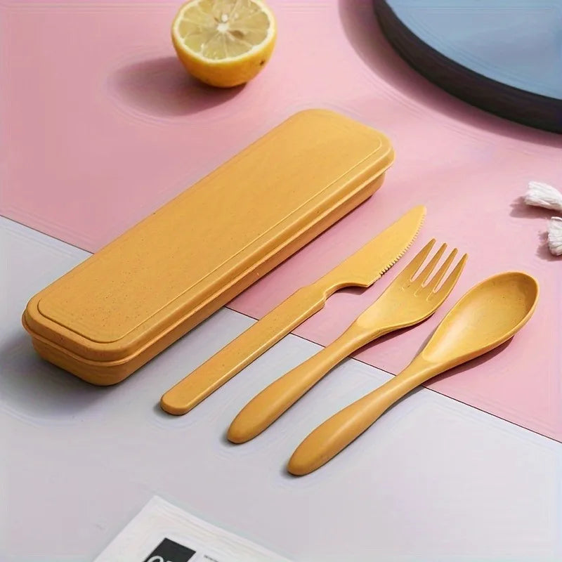 3In1 Portable Cutlery Set Reusable Home Travel Utensil Set Fork Spoon Knife with Box Dinnerware Set Picnic Camping Tableware Oasis Select YELLOW