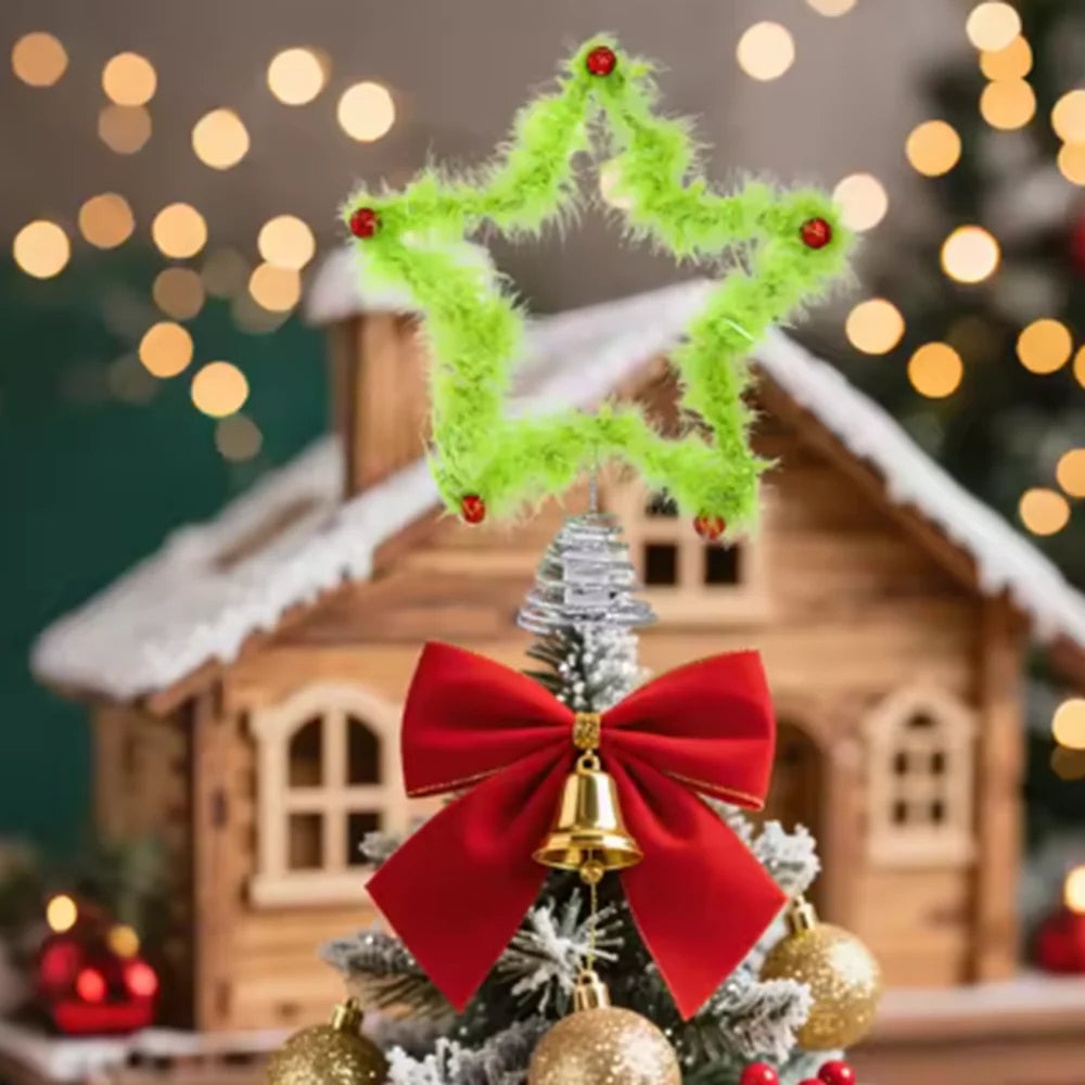 Christmas Tree Top Star Ornament – Green Plush & Iron Topper