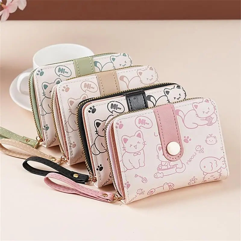 Japanese Cute Cat Girls Wallet Short Student ID Bank Card Holder Money Bag Zipper Wallets For Women Key Storage Purse Coin Purse Oasis Select