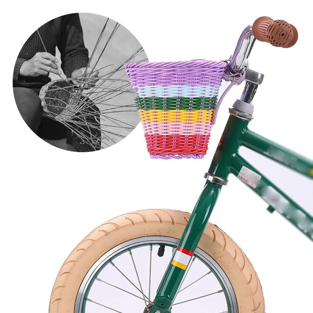 Rainbow Color Bicycle Basket for Kid Front Handlebar Rattan Picnic Basket Plastic Bike Bag Water Bottle Dolls Bicycle Rack Bag Oasis Select