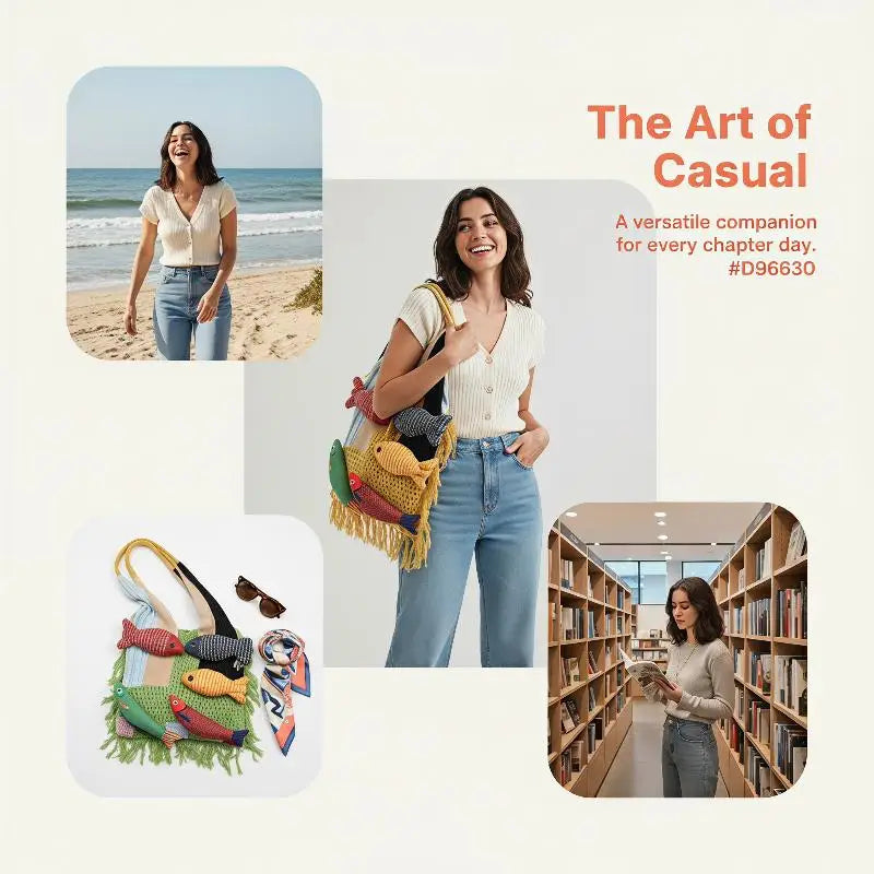 Cute Fish Relaxed Tassel Knitted Bag Splicing Shoulder Bag Little Fish Tote Bag Versatile Casual Commuter Handbag For Girls Gift Oasis Select