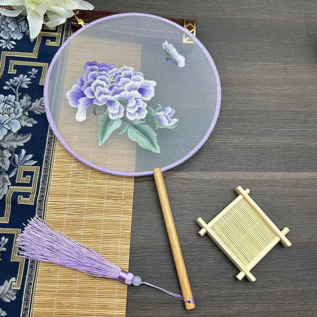 Chinese Style Classical Embroidery Group Fan Gifts Cheongsam Catwalk Photo Props Stage Performance Show Dance Party Round Fan Oasis Select Purple Butter