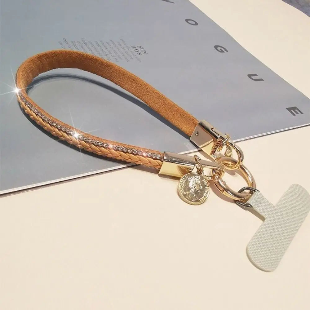 PU Leather Leather Wrist Mobile Phone Lanyard Anti-loss Short Leather Durable Portable Pendant Chain Portable Rhinestone Oasis Select brown