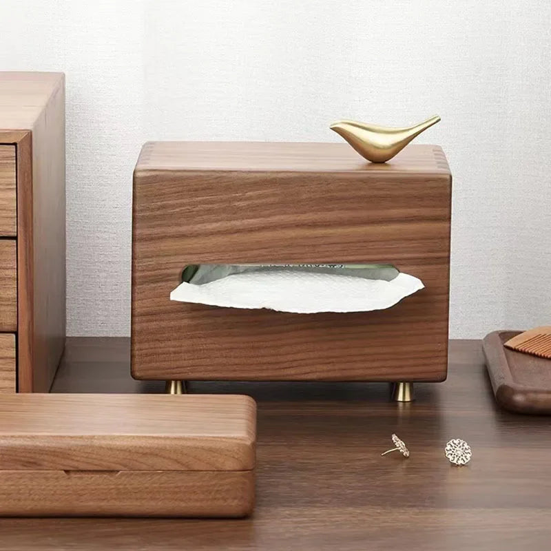 Black Walnut Tissue Box Living Room Tissue Box Copper Bird Desktop Decoration Wooden Tissue Box Oasis Select