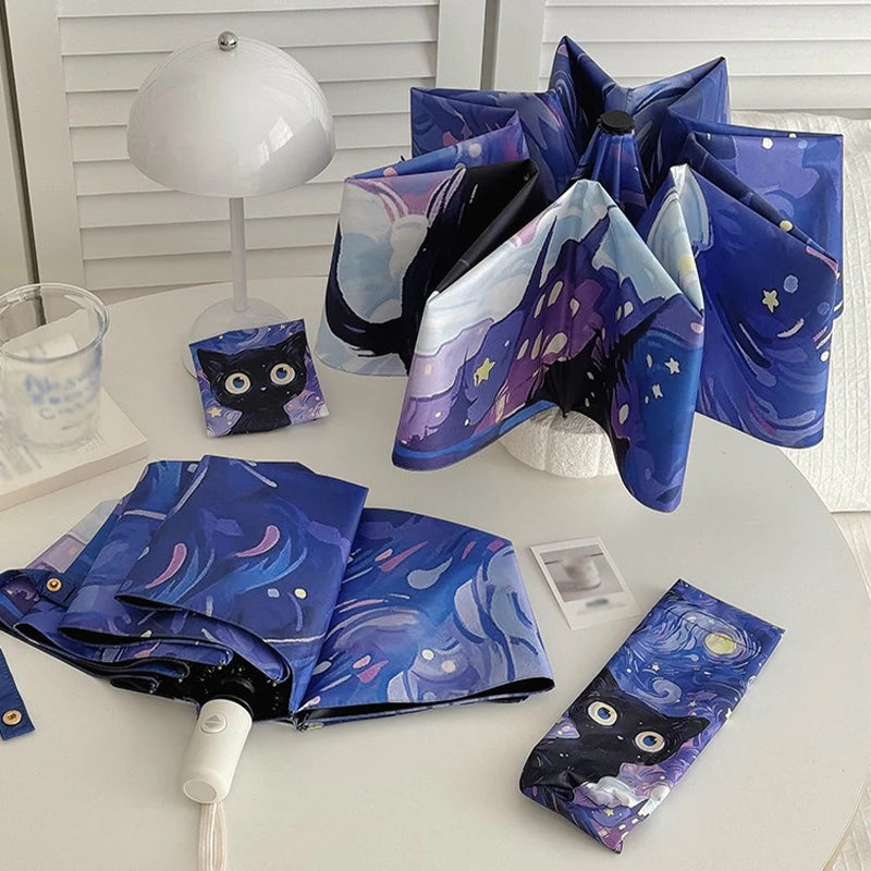 Purple Cartoon Cat Folding Umbrella Professional Sun Protection and UV Protection Umbrella Suitable for Sunny and Rainy Days. Oasis Select
