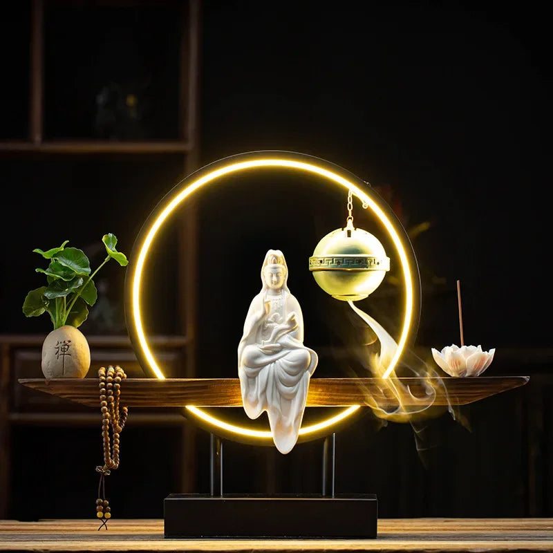 New Chinese Goddess of Mercy Buddha Reverse-flow Incense Burner Zen Decoration Home Decorative Crafts Oasis Select C