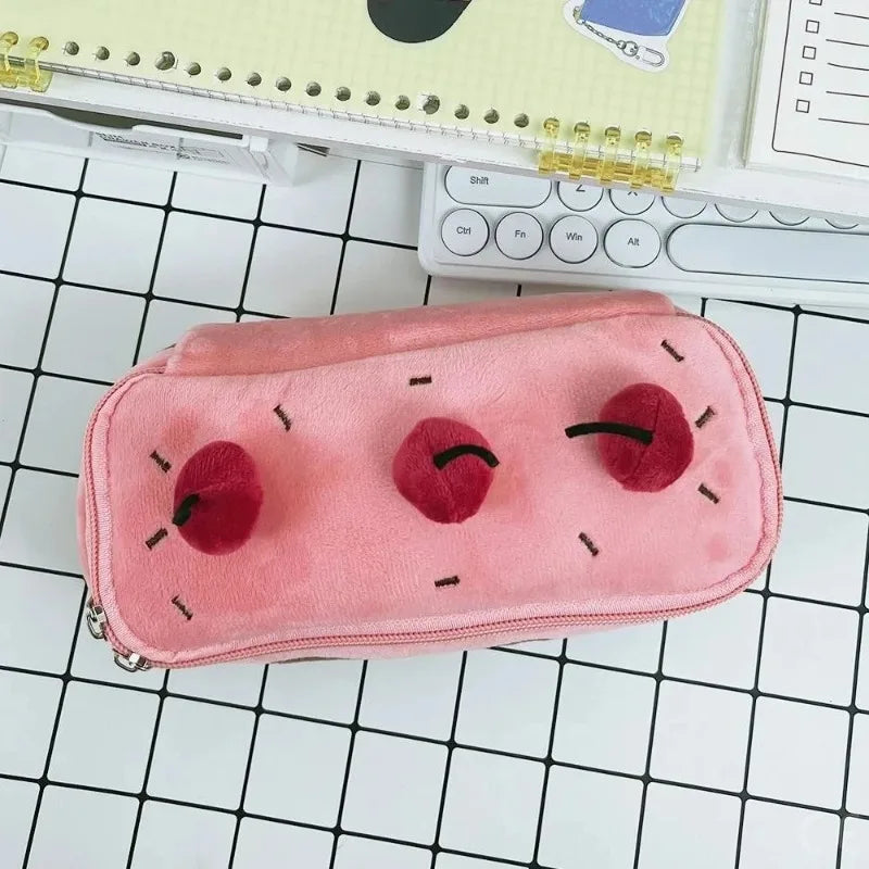 1Pcs Cute Pencil Bag Plush Cherry Cake Pencil Case Large Capacity Student Stationery Storage for Girls Kids Back to School Gift Oasis Select