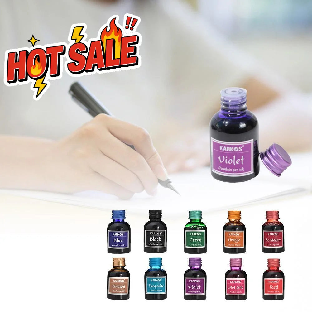 30ml Fountain Pen Ink – Non-Clogging, Water-Soluble, 10 Colors