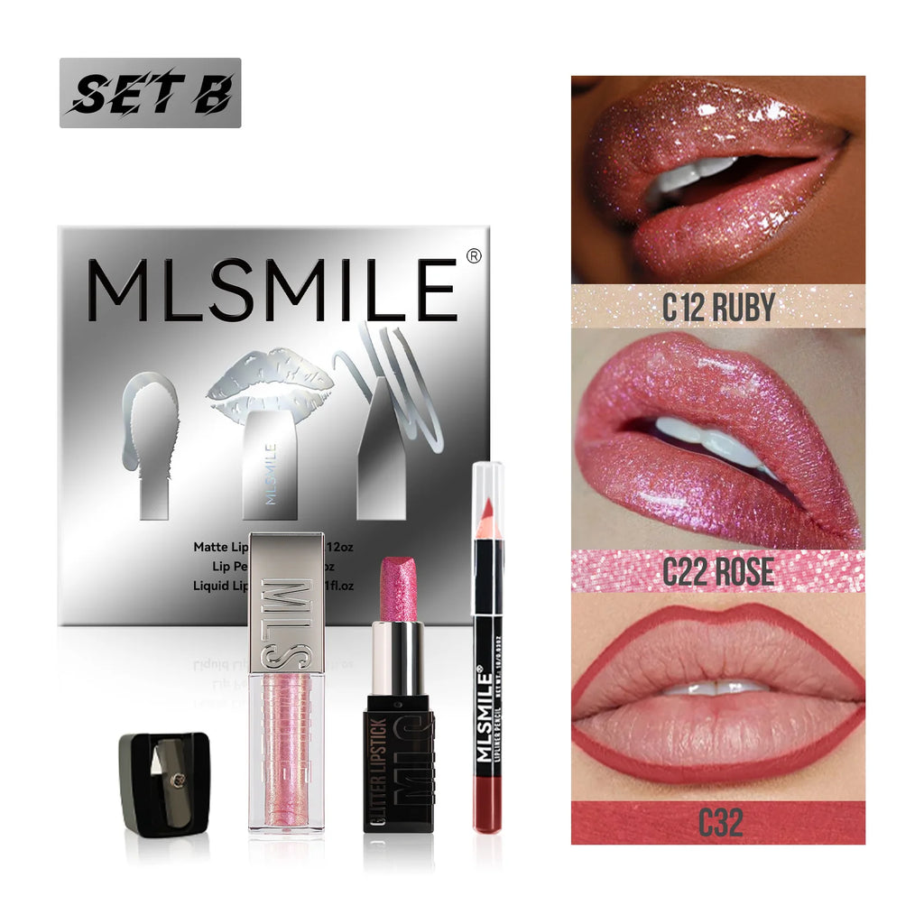 MLSMILE Diamond Lip Gloss, Liner & Lipstick Makeup Kit