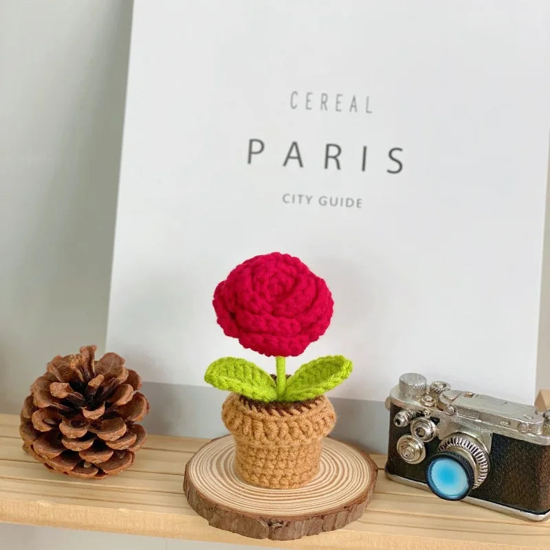 Handmade Knitted Flower Pot Red Heart Shaped Knit Imitation Potted Plant for Mother's Day Gifts Home Desktop Decor Oasis Select A