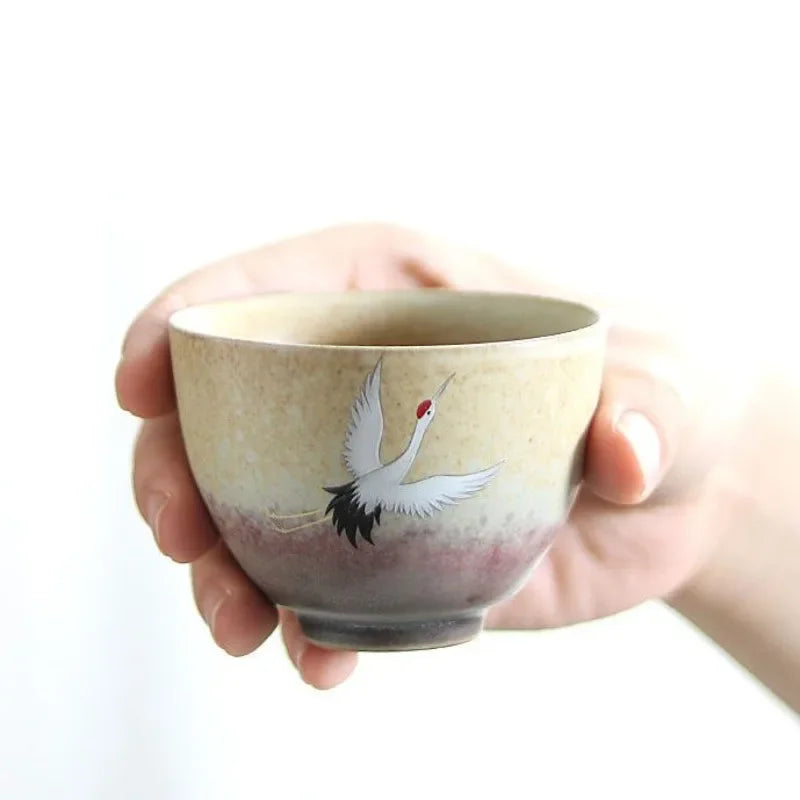 Traditional Chinese Style Tea Cup Flying Crane Pattern Retro Ceramic Teacup Coffee Cup Coarse Pottery Cups Oasis Select