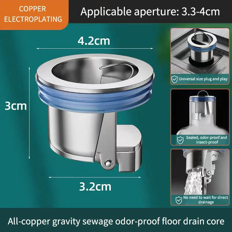 All-copper Floor Drain Core Floor Shower Drain Stopper Insectproof Anti-odor Deodorization Toilet Kitchen Bathroom Toilet Sewer Oasis Select