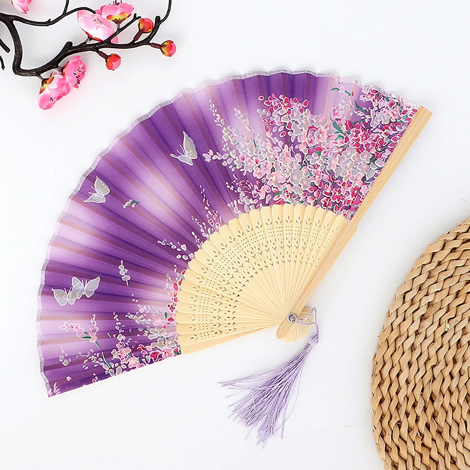 Vintage Silk Folding Fan Chinese Japanese Art Crafts Gift Home Decorations Dance Hand Fan Bamboo Room Decor Wood Fans Oasis Select J One Size