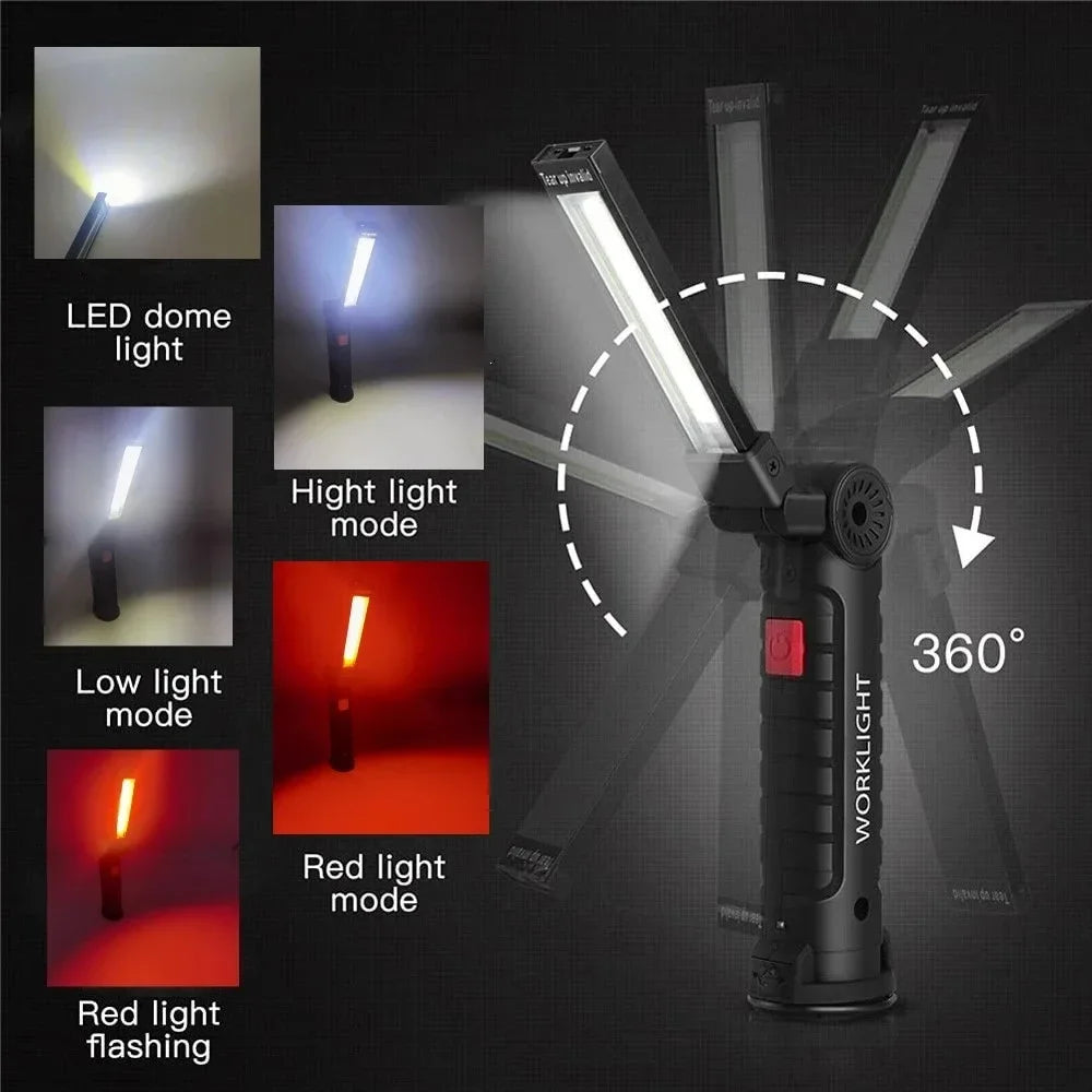 COB LED Folding Flashlight Portable Magnetic Work Light Lantern USB Rechargeable Emergency Repair Camping Torch Lamp With Hook Oasis Select