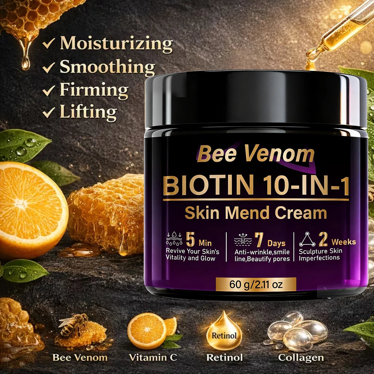 Bee Venom Biotin 10-in-1 Skin Mend Cream, Anti-Wrinkle & Anti-Aging, Fast Revitalizing & Firming, 5 Min Glow Oasis Select