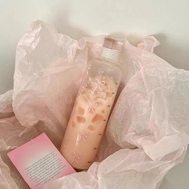 1pcs 500ML Kawaii Bow Plastic Water Bottle With Time Scale Transparent Water Cup Outdoor Sports School Drinking Water Bottle Oasis Select