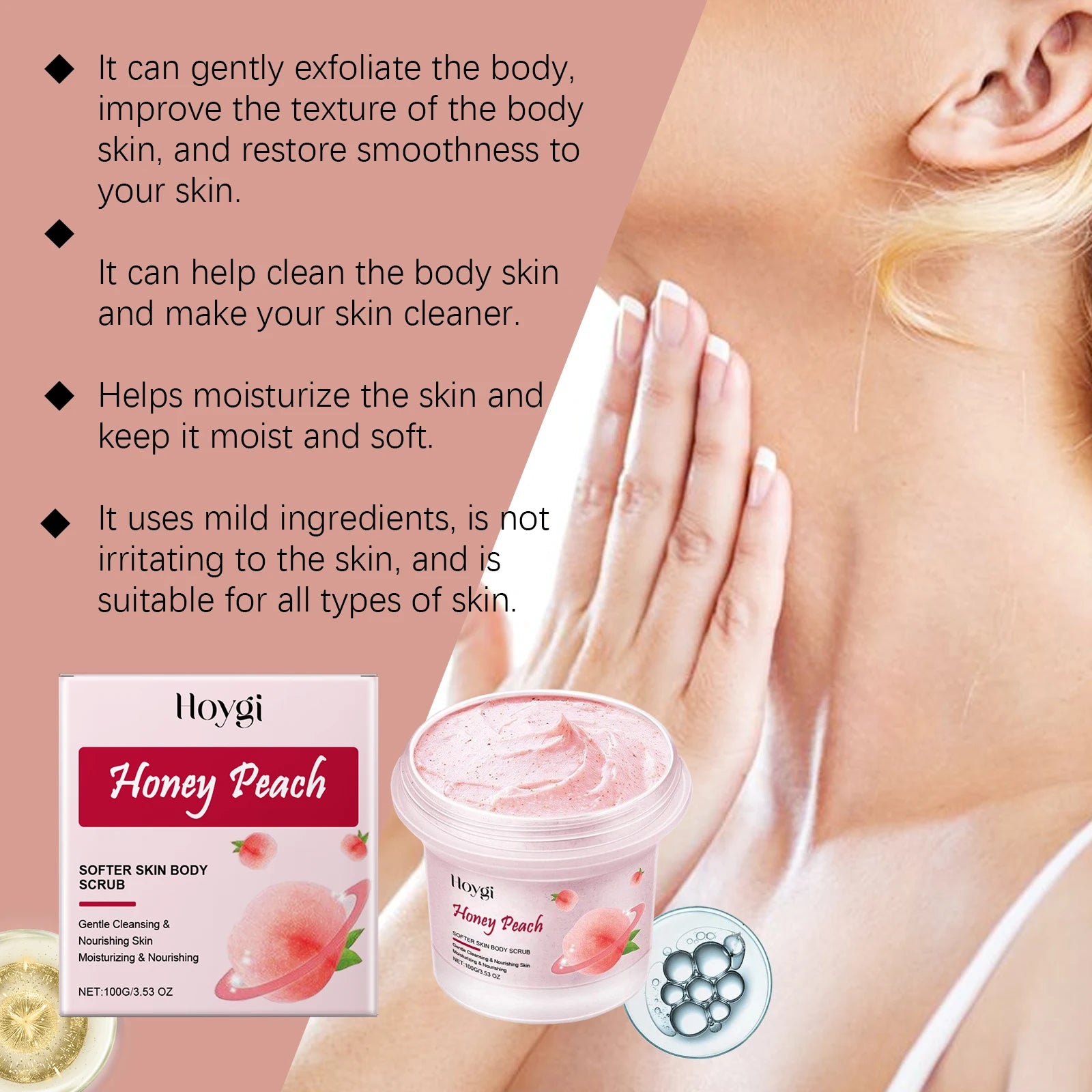Honey Peach Softer Skin Body Scrub Gentle Exfoliating Cleanser Brightening Deep Cleaning Moisturizing Shiny Smooth Body Scrub Oasis Select