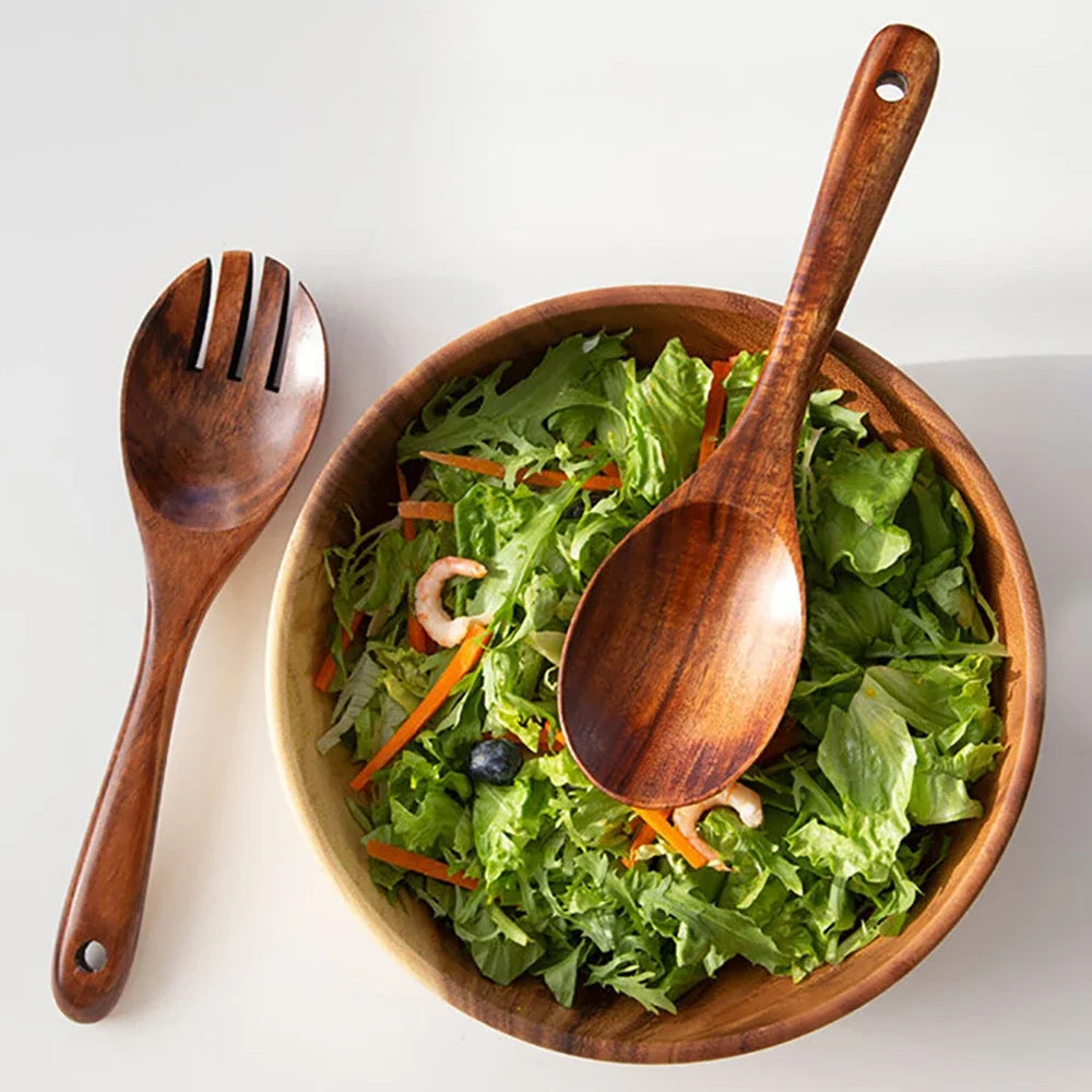 Wooden Salad Servers Set – Japanese Long Handle Spoon & Fork Wooden Serving Utensils Oasis Select