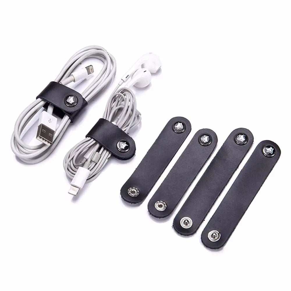 4Pcs Leather Data Cable Organizer Cord Winder Straps Earphone Wrap Winder Charger Protector Tidy Storage Cable Holder Clips Ties Oasis Select black 4pcs