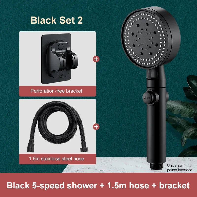 High-pressure Shower Head Set 5 Modes of Adjustment Showerhead with Hose Water-saving One-touch Stop Bathroom Accessories Oasis Select Black shower set