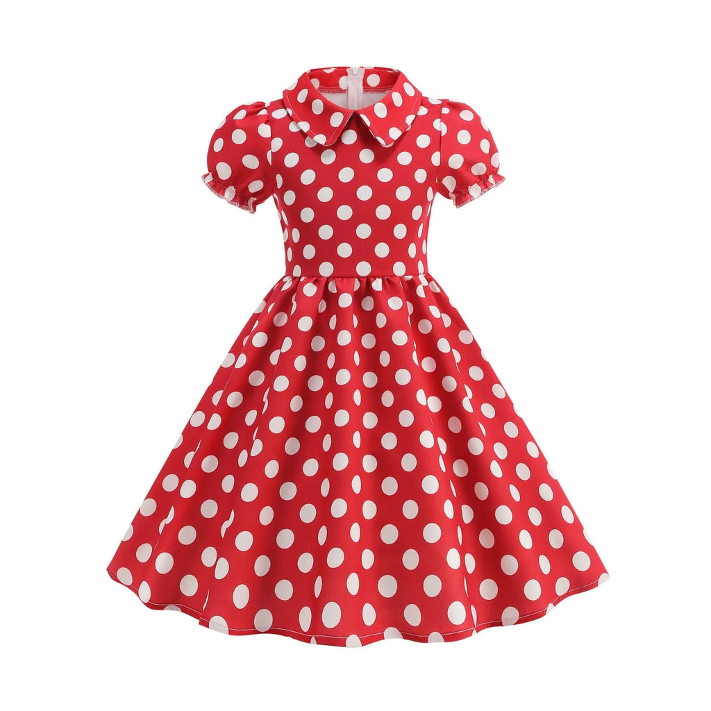 2025 Children Little Girl Vintage Summer Short Dress Turn Down Collar Polka Dot Print Cotton Princess Cocktail Dresses 1950s 60s Oasis Select Red 110
