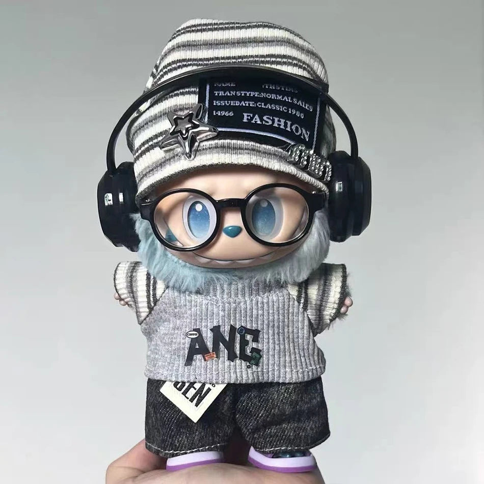For Labubu 15-17cm Cloth Korean Grey Star Hat Suit Pull Bubu Baby Clothes 123rd Generation High-energy Hope Vinyl Doll Clothes Oasis Select