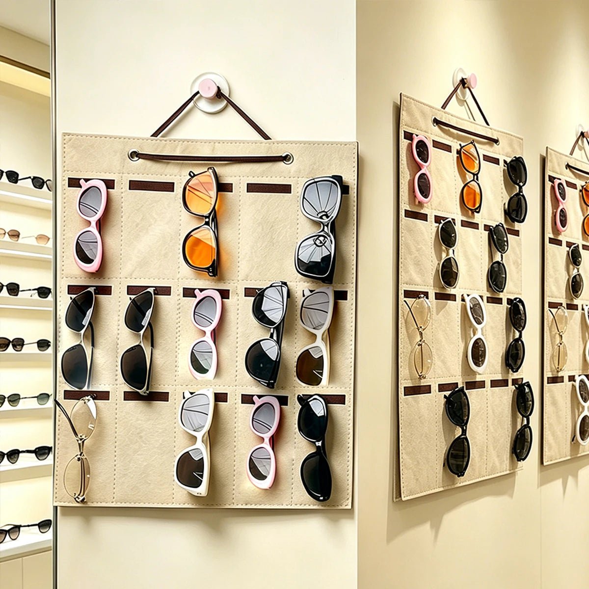 1pc wall mounted khaki 15grid sunglasses vertical storage hanging bag foldable portable glasses organizing hanging display rack Oasis Select