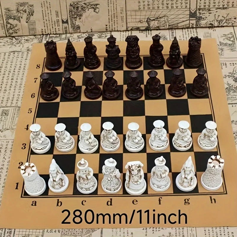 Vintage Chess Set PU Leather Board 3D Carved Resin Pieces Creative Soldier Statue Classic Strategy Game Ideal for Birthday Gifts Oasis Select