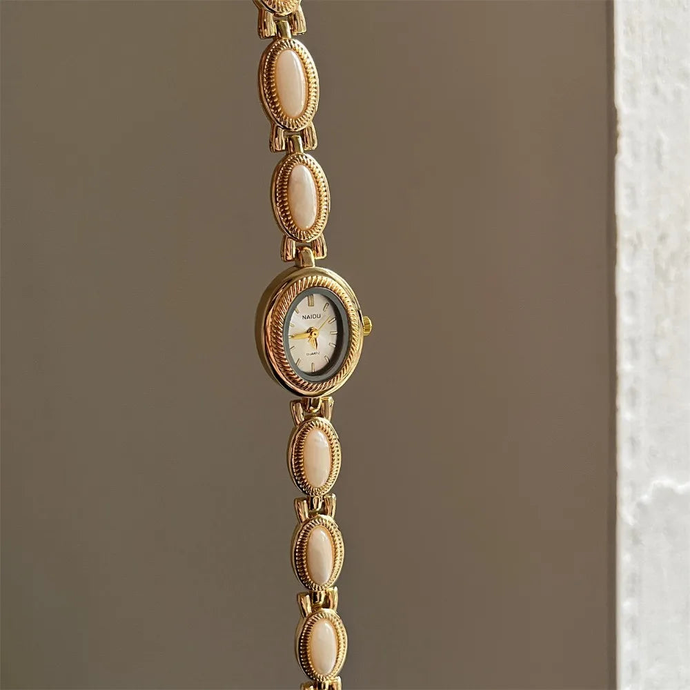 New Colored Gemstones Ladies Watch Oval Luxury Quartz Watch Gift Elegant Wristwatch Oasis Select White